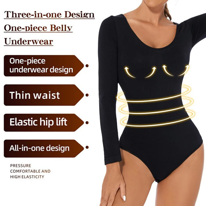 GUUDIA Snap Button Sexy Butt Line Tummy Control Long Sleeve Bodysuit Shapewear Butt Lifter Slimming Waist Full Women Body Shaper