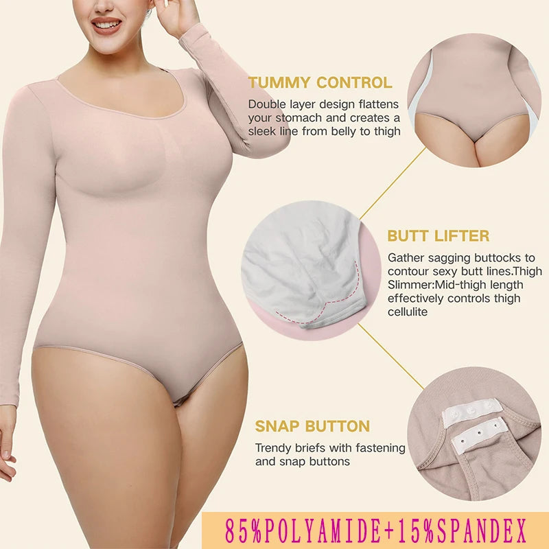 GUUDIA Snap Button Sexy Butt Line Tummy Control Long Sleeve Bodysuit Shapewear Butt Lifter Slimming Waist Full Women Body Shaper