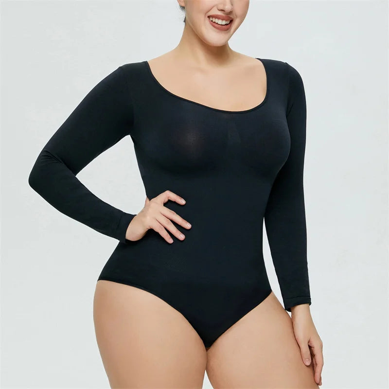 GUUDIA Snap Button Sexy Butt Line Tummy Control Long Sleeve Bodysuit Shapewear Butt Lifter Slimming Waist Full Women Body Shaper