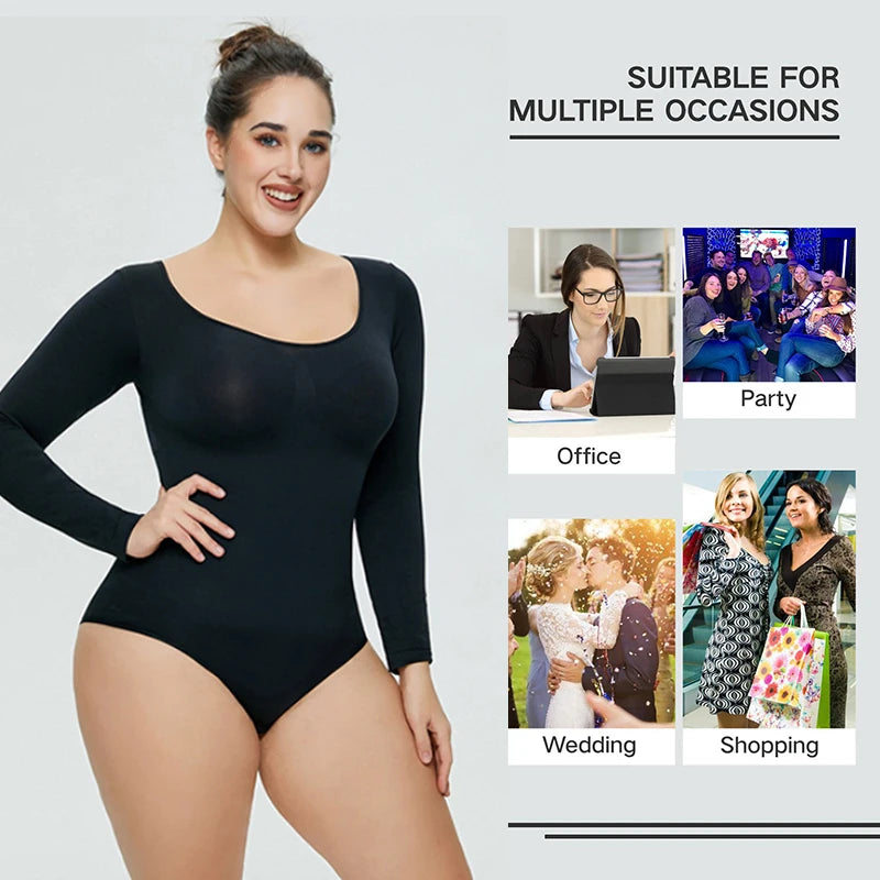 GUUDIA Snap Button Sexy Butt Line Tummy Control Long Sleeve Bodysuit Shapewear Butt Lifter Slimming Waist Full Women Body Shaper