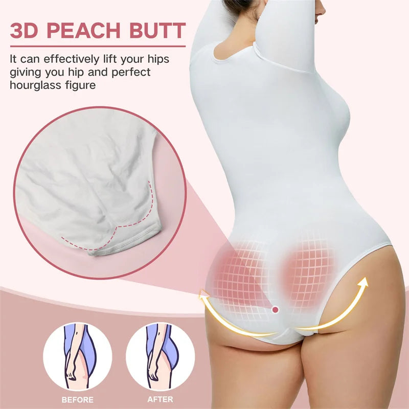 GUUDIA Snap Button Sexy Butt Line Tummy Control Long Sleeve Bodysuit Shapewear Butt Lifter Slimming Waist Full Women Body Shaper